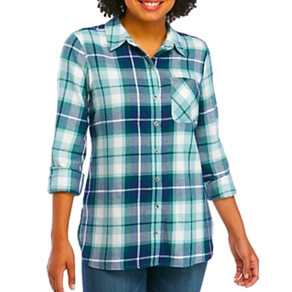 True Craft Tops - 🔴CLEARANCE‼️ NWT🌲TURQUOISE GREEN-BLUE COTTON PLAID LONG SLEEVE SHIRT Women’s XS